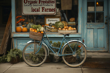 Fototapeta na wymiar Vintage bike with a basket of fresh produce parked by a rustic organic farm shop
