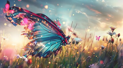 A colorful butterfly flutters among wildflowers in a sunny meadow