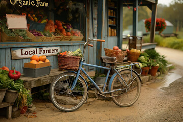 Fototapeta na wymiar A quaint vintage bike laden with fresh produce in front of a rustic organic farm shop