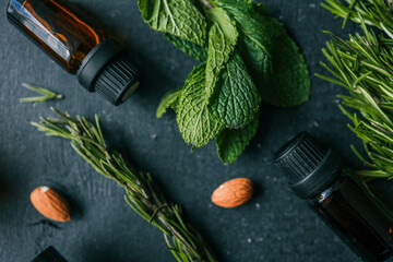 Set of essential oil with rosemary, mint and almond
