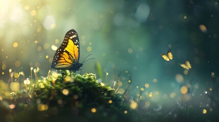 A colorful butterfly with orange and yellow wings rests on a flower in a summer garden - obrazy, fototapety, plakaty