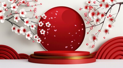 3D podium mockup. Red and white Display stage with beautiful cherry blossom frames Japanese nuances. Independence Day greeting card or make this fancy background as a mockup of your Product promotio