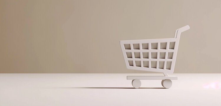 An e-commerce platform showcasing a 3D shopping cart icon hovering over product images, providing a seamless shopping experience against a neutral flat background