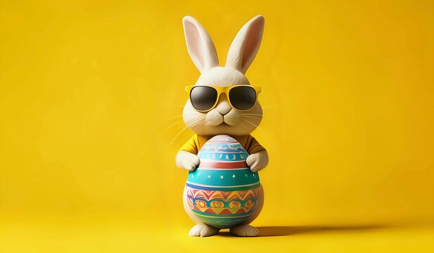 Easter bunny wearing sunglass and a shirt standing up with his arms crossed beside on egg on a solid yellow background