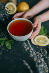 Natural herbal tea with lemon, mint and lavender