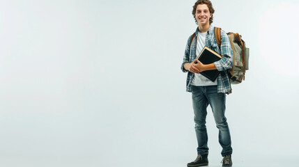 full length Portrait of smiling young college student with books and backpack against white background.