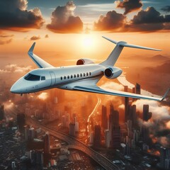 Fototapeta premium Private white luxury jet flying at sunset over a big city in the sky.