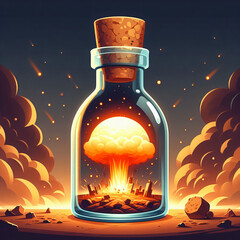 Captivating illustration of a nuclear explosion contained within a bottle, symbolizing power and danger.