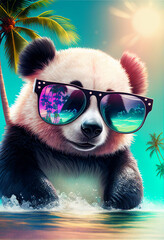Portrait of a Panda in sunglasses on the background of a tropical beach. AI generated