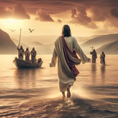 christ walking on water, jesus walk on water sea of galilee toward fishing boat and disciples. - obrazy, fototapety, plakaty