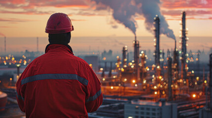 Obraz premium A man in a red jacket stands in front of a large industrial plant. The sky is orange and the man is wearing a hard hat