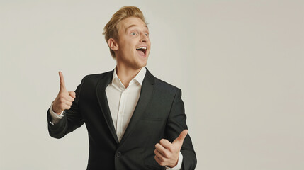 full length Surprised, cheerful handsome blond guy in classic suit, pointing left and smiling amused, hearing wonderful event nearby joyful white background professional photography. - obrazy, fototapety, plakaty