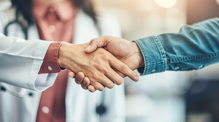 A handshake between a doctor and a patient. The doctor is wearing a white coat and the patient is wearing a blue shirt. The handshake is a symbol of trust and respect between the two - obrazy, fototapety, plakaty