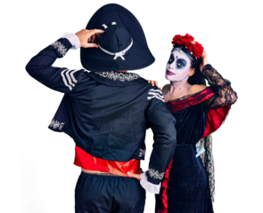 Young couple wearing mexican day of the dead costume over background backwards thinking about doubt with hand on head