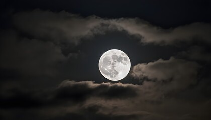 Naklejka na ściany i meble A dark shot of the full moon spreading light behind the clouds