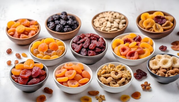 Assortment of different types of dried fruits in bowls