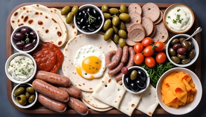 breakfast platter with cheese vegetables olives jams sausages and flatbread wrap - obrazy, fototapety, plakaty