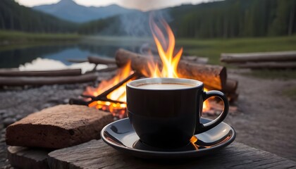coffee on cup, campfire on the background - obrazy, fototapety, plakaty