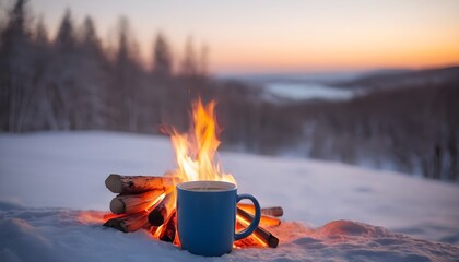 cup of hot tea on the fire - obrazy, fototapety, plakaty