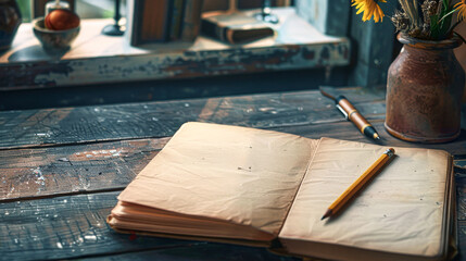 A book is open on a wooden table with a pencil and a vase of flowers. The book is a novel, and the pencil is placed on the page