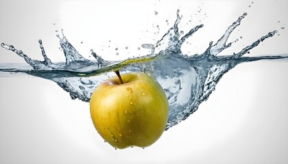 fresh water splash on yellow apple isolated on white