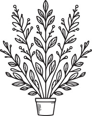 Flower and pot outline vector, Floral Decoration Branch Leaf.