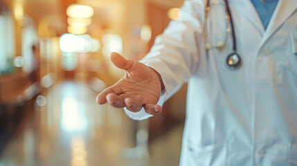 A doctor is holding a hand out to a patient in a hospital. The scene is blurry and the doctor is wearing a white coat