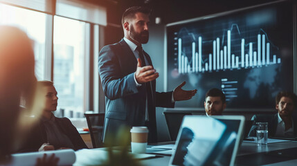 Business man passionately presenting to his team in a business environment