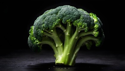 Green broccoli levitating on a black background. - obrazy, fototapety, plakaty