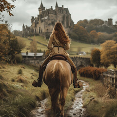 Woman riding on a horse towards a castle