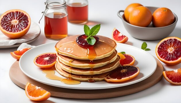 pancakes served with fried blood oranges on white background.