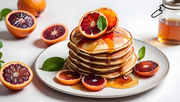 pancakes served with fried blood oranges on white background.