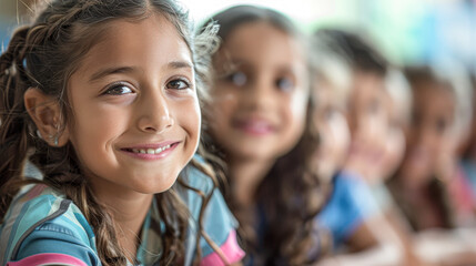 Fototapeta premium A group of young girls are smiling and posing for a picture. Scene is happy and cheerful