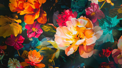 lush floral backdrop with vivid blooms for party decoration or wallpaper