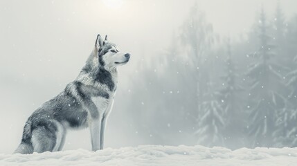 A dog is standing in the snow with its head up, looking to the right - obrazy, fototapety, plakaty