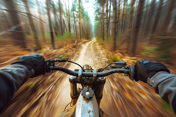 A man driving a motorcycle fast in a forest with motion blur