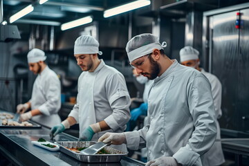 Portrait of a male chef standing in a kitchen next to his colleagues preparing food