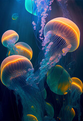 Amazing glowing jellyfish underwater. AI generated.