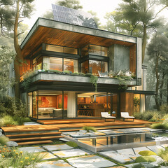 Conceptual architectural sketch of modern eco-friendly cottage in the green  with solar panels, ground and upper floor and a spacious garden to enjoy the nature