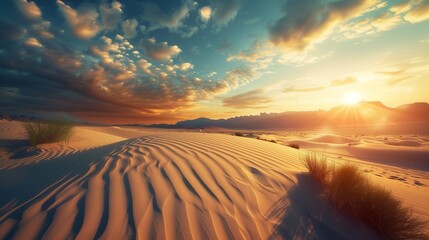 Picture a vast and arid desert landscape, where endless dunes stretch as far as the eye can see. Capture the solitude and beauty of the desert  - obrazy, fototapety, plakaty