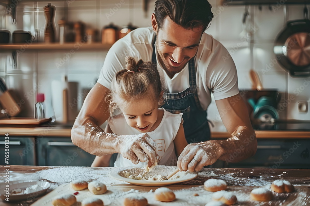 Wall mural dad and daughter baking in the kitchen