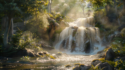 beautiful wat erfall in the forest , warm light from above