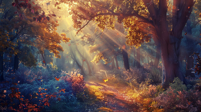 coloful fantasy forest , warm light from aboce , elf wood