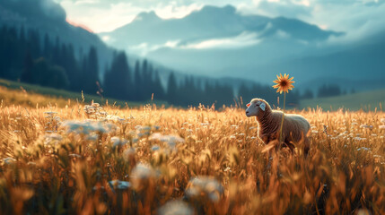 A cute little sheep in the meadow