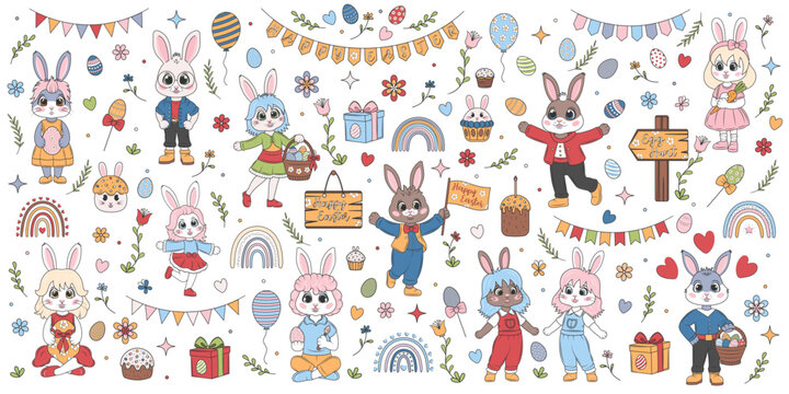 Easter set with cute cartoon flat bunnies and painted eggs, rainbow, cakes, flowers, signs, flags. Festive hares. Vector illustration isolated on white background.