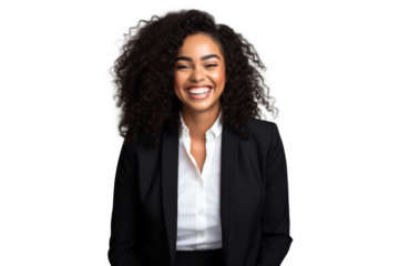 Portrait of beautiful African American Business woman wearing suit and shirt posing with smart and confidence isolated on transparent png background.