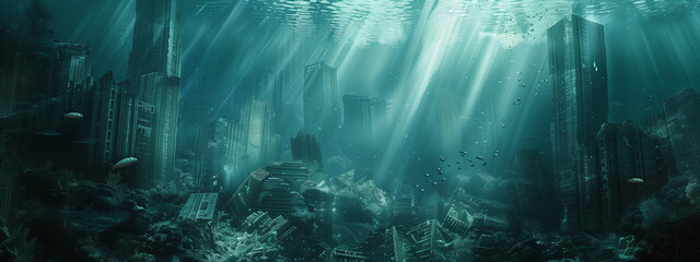 Overgrown Ruins of a Sunken City Under the Sea with Fish Swimming Amongst Skyscrapers