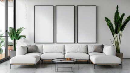 The interior of the modern living room with white walls and frame mockup