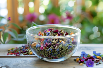 colorful herbal tea blend in a transparent glass bowl on a vibrant garden table - obrazy, fototapety, plakaty