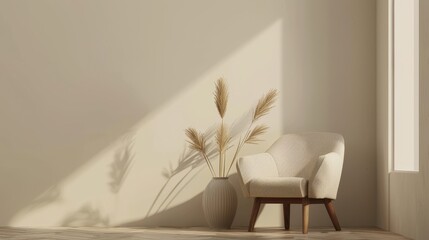  Soft armchair and a vase with dry grass in empty room
